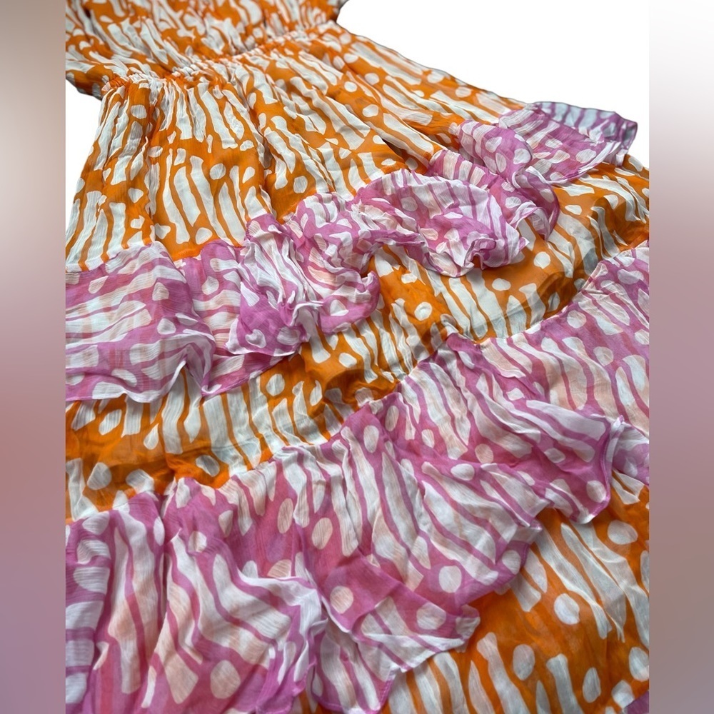 RHODE Ash Off The Shoulder Batik Orange Pink  Dress Tiered Maxi Ruffle S - Picture 4 of 4